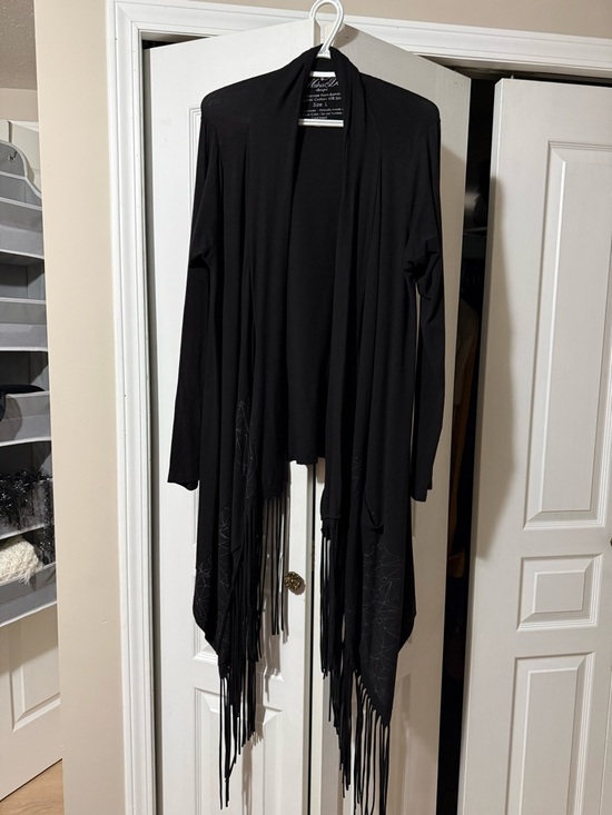 Maha Devi Sweaters - Maha Devi Black Fringe Cardigan with Pockets